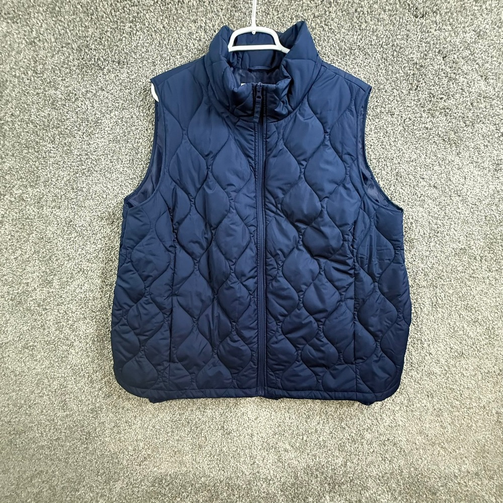 Lands End Womens 3X Navy Blue Quilted Full Zip Puffer Vest Onion Stitch 24W-26W
